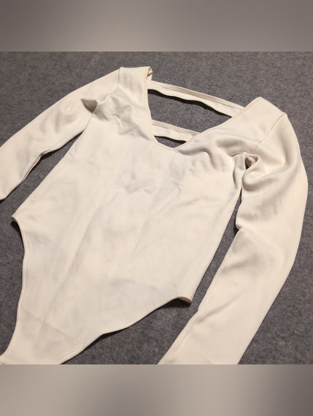 Anthropologie Creamy White Bodysuit Thong Long sleeve Double Back Crossover EUC